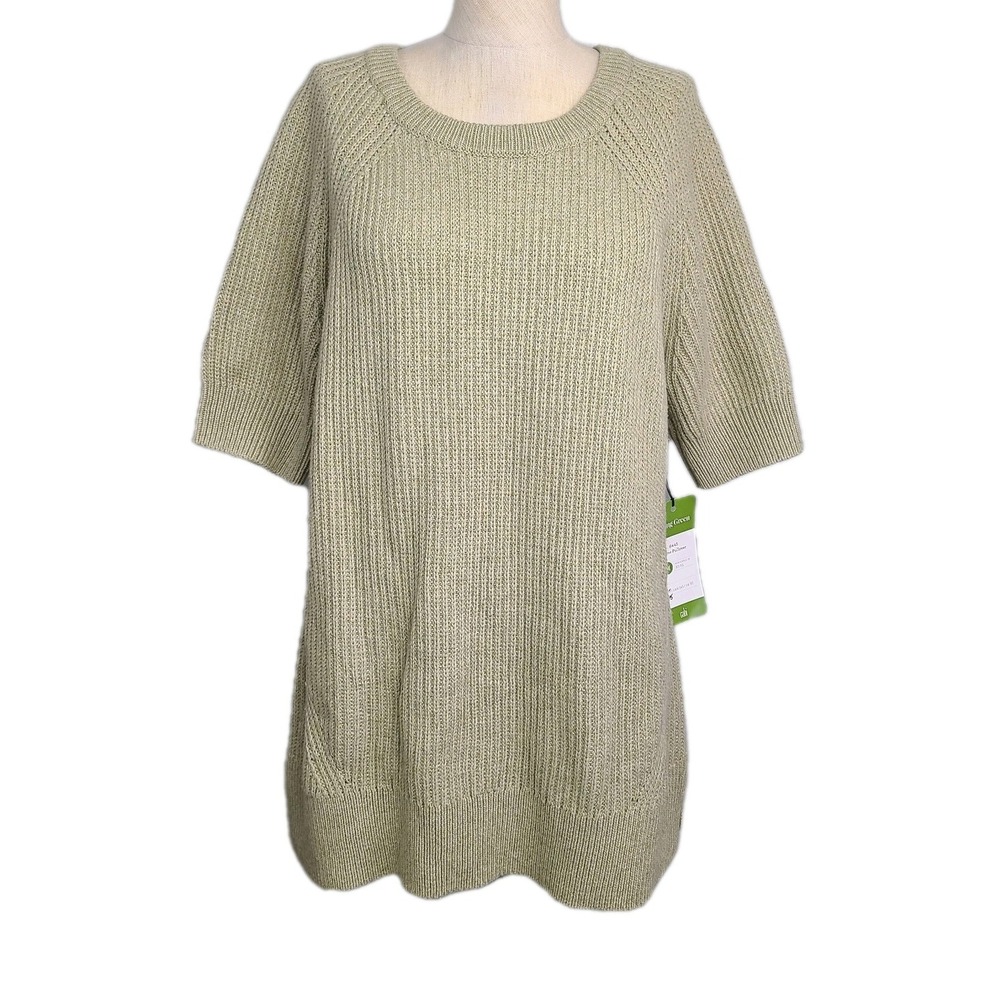 NEW Cabi Prime Pullover Tunic Sweater Beige‎ Ribbed Knit Short Sleeve M